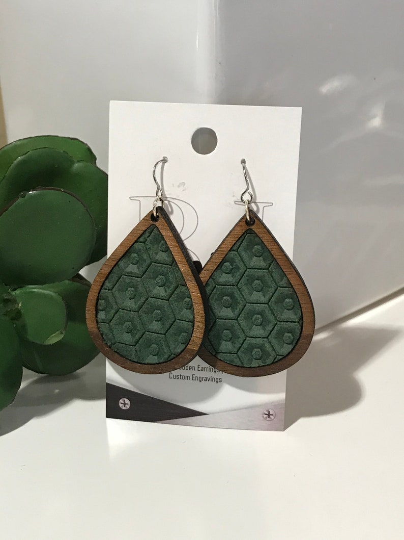 wood earrings lightweight earrings Benjoy Laser Creations Forrest Green Hex Leather Inlay Walnut statement earrings,