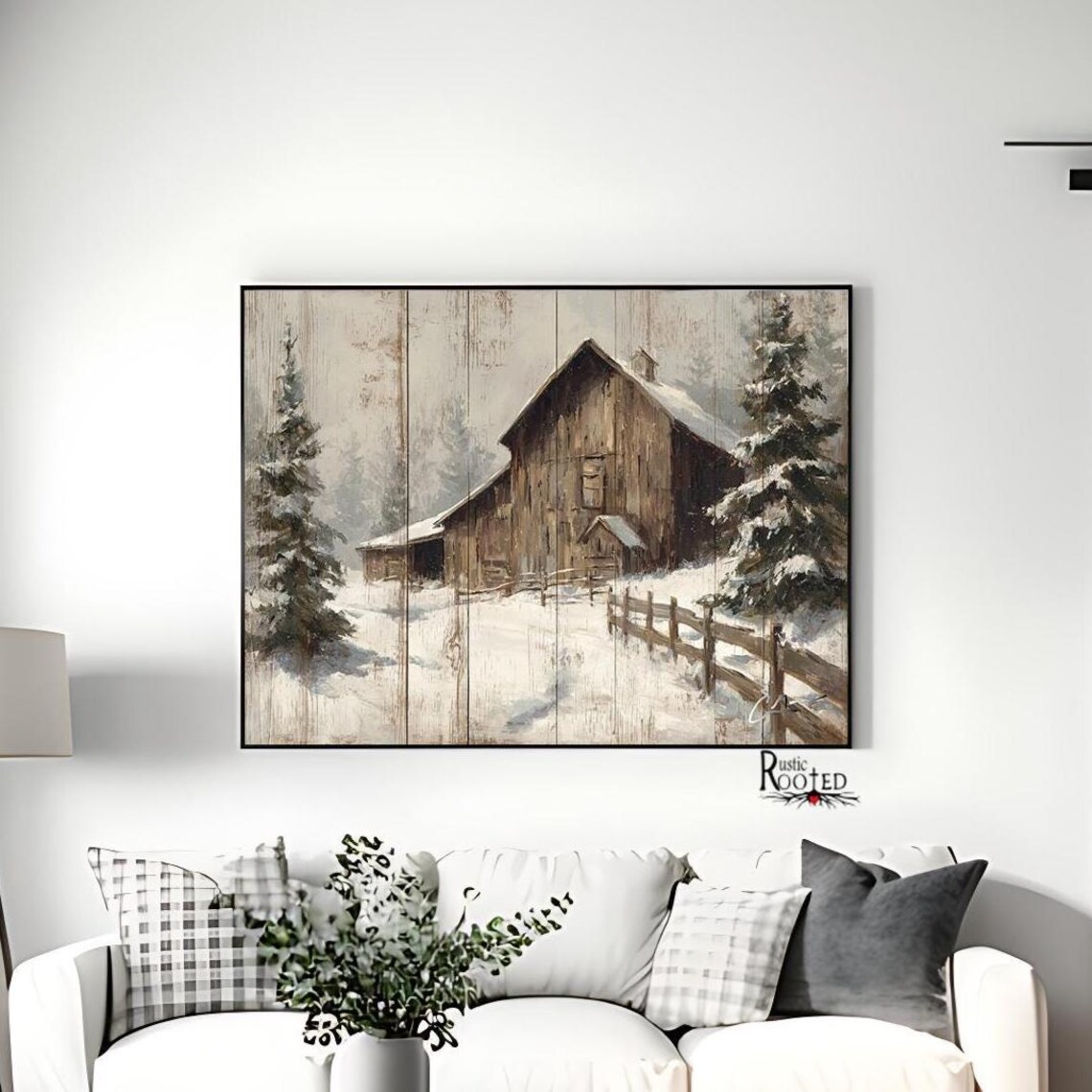 Rustic Winter Barn Art Print, Snowy Farm Landscape Painting on Wood ...
