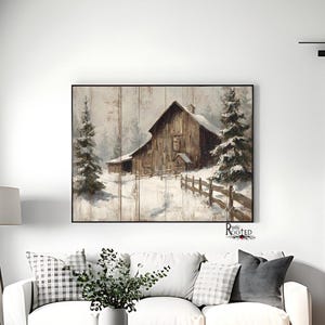 Rustic Winter Barn Art Print, Snowy Farm Landscape Painting on Wood ...