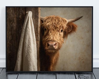 Lienzo de baño con diseño de vaca de las Tierras Altas, estilo rústico de granja, toalla con estampado de animales campestres y humor