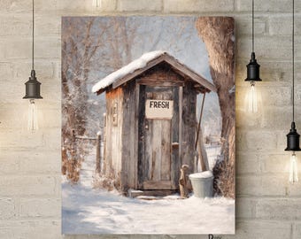 Lienzo rústico para baño con letrina, arte de pared de invierno de granja, impresión de humor fresco
