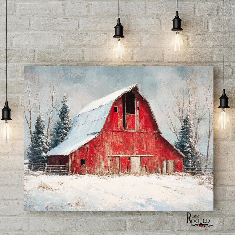 Rustic Red Barn Wall Art Print, Snowy Farmhouse Winter Decor, Country ...