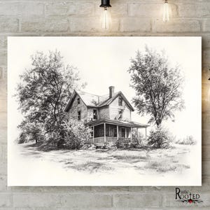 Dibujo a lápiz de una casa de campo, boceto en blanco y negro, obra de arte rural, baño y cocina, póster enmarcado de una casa de campo moderna, impresiones en lienzo