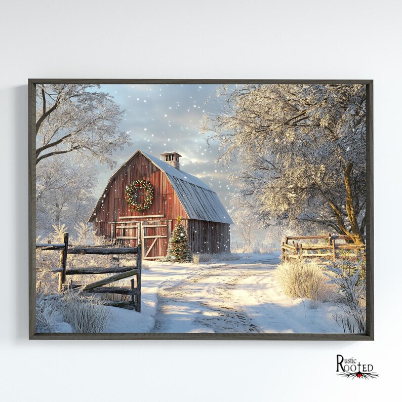 Rustic Red Barn Christmas Canvas Modern Farmhouse Wall Art Seasonal ...