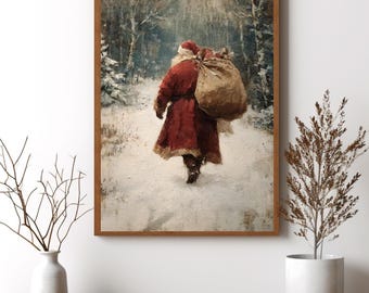 Papá Noel rústico navideño imprimible, Papá Noel vintage, bosque nevado, granja, vacaciones, descarga