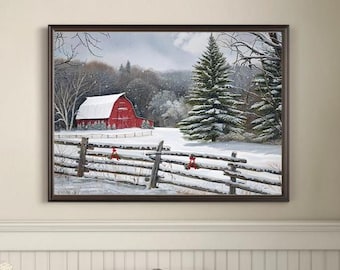 Descarga imprimible de arte rústico navideño de Red Barn para pared, estilo casa de campo, con temática invernal nevada.