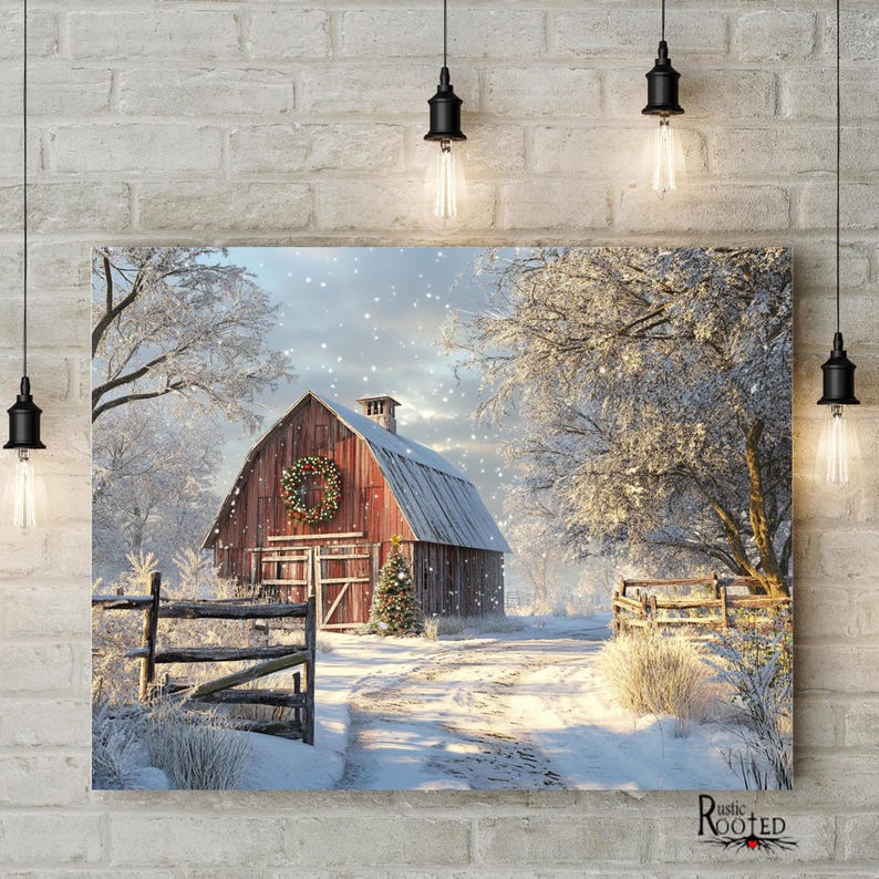 Rustic Red Barn Christmas Canvas Modern Farmhouse Wall Art Seasonal ...