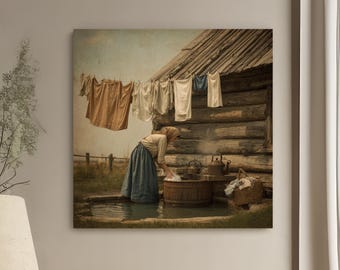Lienzo vintage de día de lavado, arte de pared de lavandería rústica de granja, impresión de escena campestre histórica