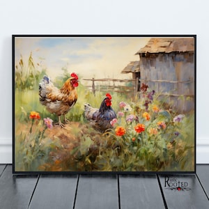 Abstraktes Huhn und Blumen Bild: Abstraktes Huhn und Blumen Poster - Modernes Bauernhaus Dekor - Abstraktes Dekor Bild