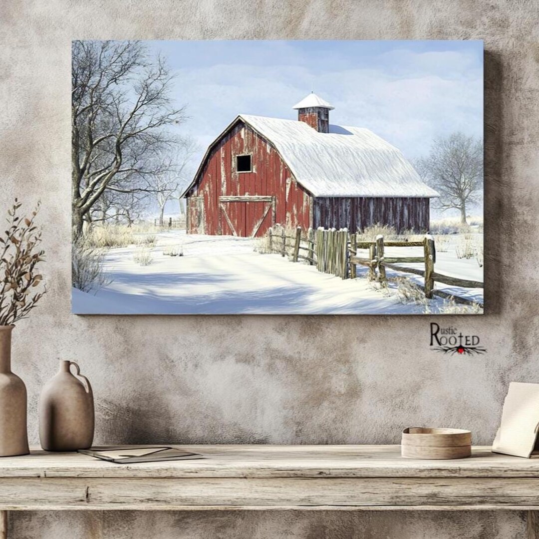 Snowy Barn Winter Printable Modern Farmhouse Wall Art Rustic Seasonal ...