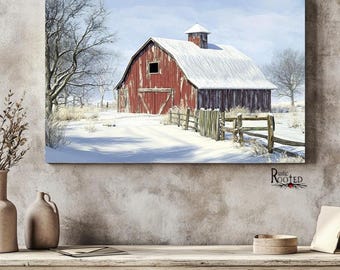 Granero nevado de invierno, arte de pared moderno para casa de campo, descarga digital para imprimir