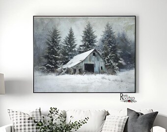 Impresión artística de invierno de granero azul rústico, pintura de paisaje de granja nevada, decoración de pared rústica vintage, obra de arte de granero rústico de granja, escena navideña