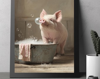 Lienzo de baño de cerdo, arte de pared rústico de granja, baño de burbujas, humor, estampado animal campestre