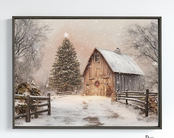Póster en lienzo enmarcado con decoración navideña de temporada en un granero rústico nevado de estilo campestre moderno