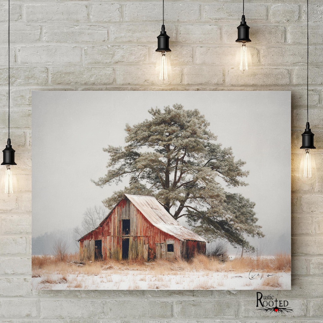 Rustic Red Barn Winter Art Print, Snowy Country Farm Scene Painting ...