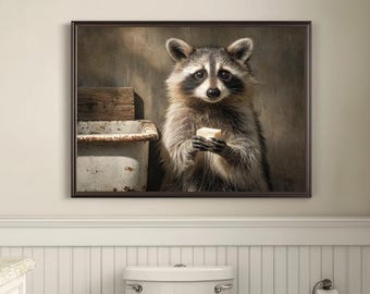 Lienzo rústico de mapache para baño, arte de pared de granja moderna, impresión de escena de lavado de animales juguetones