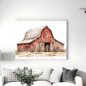 Cuadro de granero rojo desgastado, acogedor arte de pared de estilo rústico, decoración rústica para el hogar, decoración de estilo rústico moderno, arte de pared rural, impresiones de estilo rústico moderno