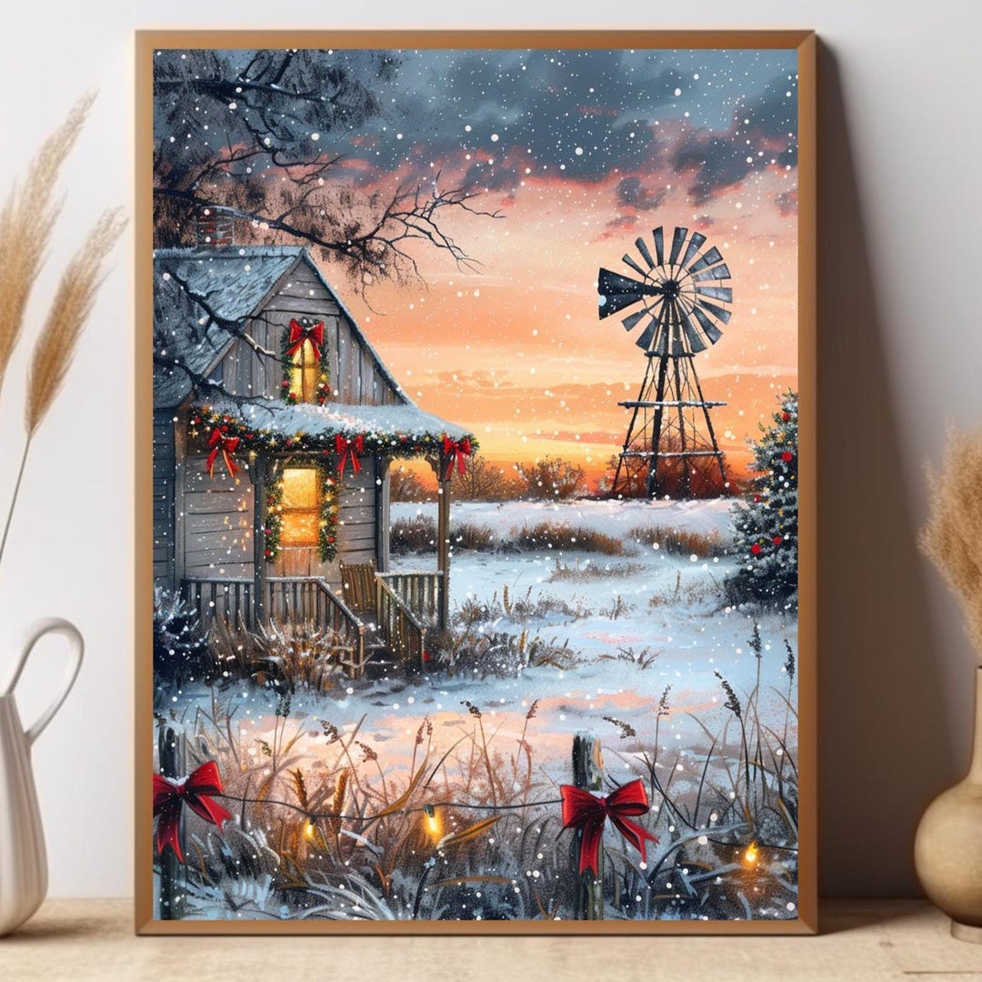 Rustic Farmhouse Christmas Art Print, Snowy Winter Landscape With ...