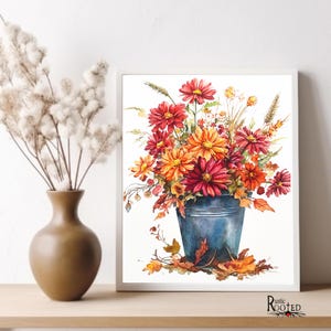 Herbst Foral Kunstdruck Herbst Dekor Landhaus Dekor Blumenarrangement Rot Orange Gelb Blumen in Vase gerahmte Drucke Leinwand und Poster