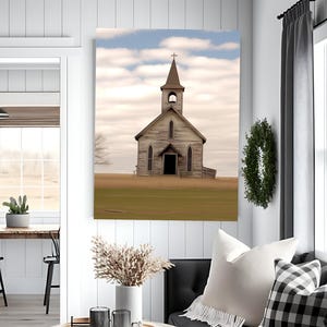 Charming Rural Church Painting - Farmhouse Wall Decor White-Washed Country Church Country Landscape Scene Museum Quality Framed Canvas Art