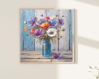 Flowers in Mason Jar Canvas Print, Farmhouse Floral Prints, Country Flowers, Flower Prints, Abstract Flower Canvas, Modern Farmhouse Prints
