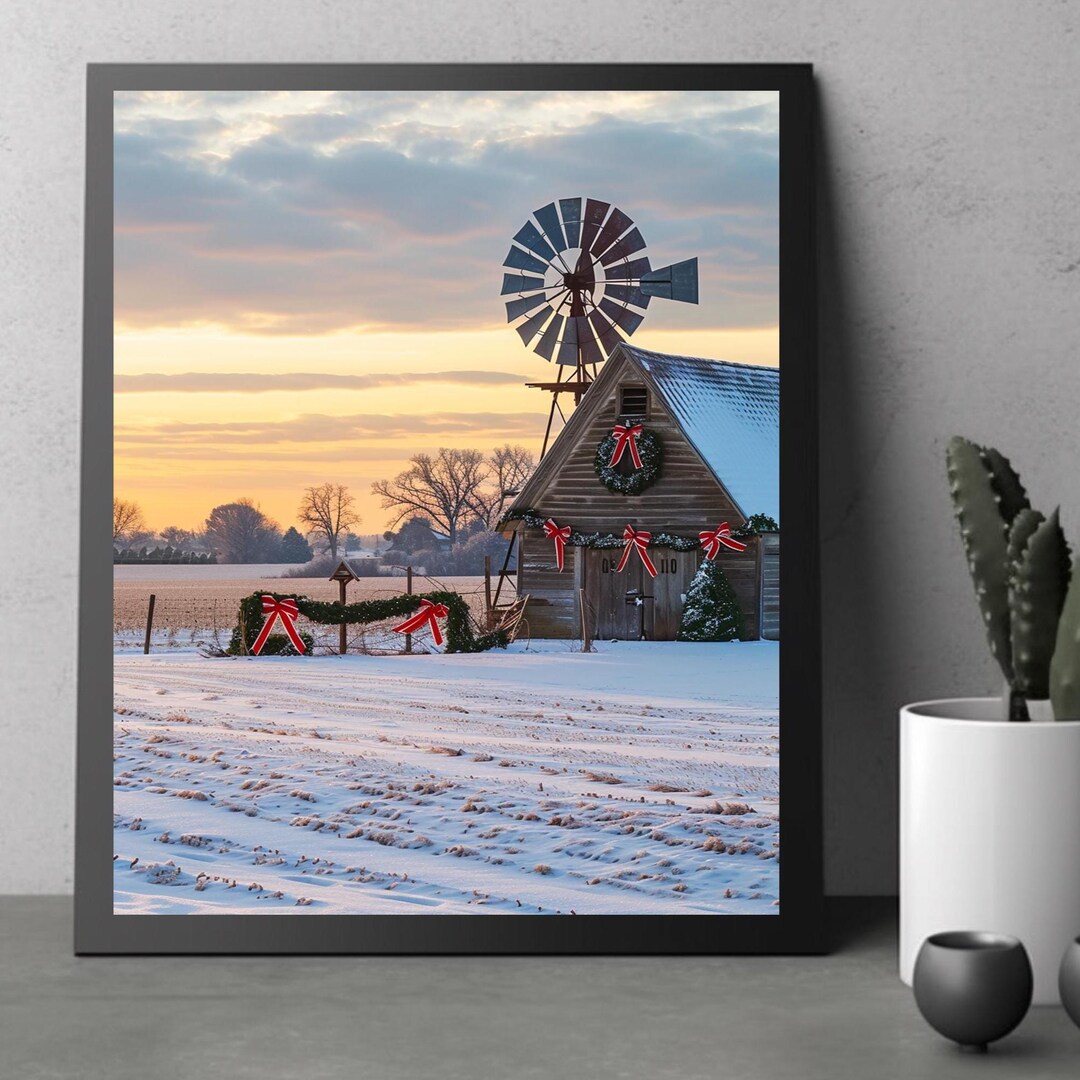 Rustic Farmhouse Christmas Wall Art Print, Snowy Barn With Windmill ...
