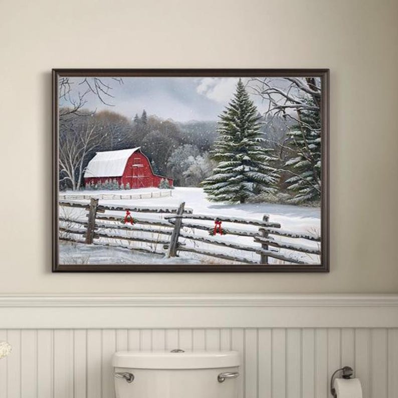 Red Barn Christmas Canvas Rustic Farmhouse Wall Art Snowy Winter ...