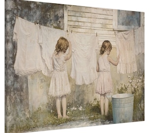 Vintage Girls Laundry Art Print: Farmhouse Country Cottage Decor