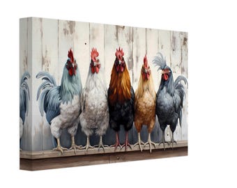 Charming Rooster Wall Art: Rustic Modern Farmhouse Wall Decor on Whitewashed Fence Barnyard Landscape Scene Canvas Framed Artwork Prints
