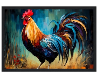 Vibrant Rooster Painting, Barnyard Chic Wall Art, Farmhouse Kitchen Chicken Painting, Modern Farmhouse Prints Framed Canvas Museum Quality