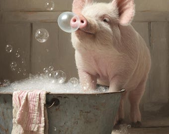 Baño de cerdo imprimible, arte de pared rústico de granja, baño de burbujas, humor, animal campestre, descarga