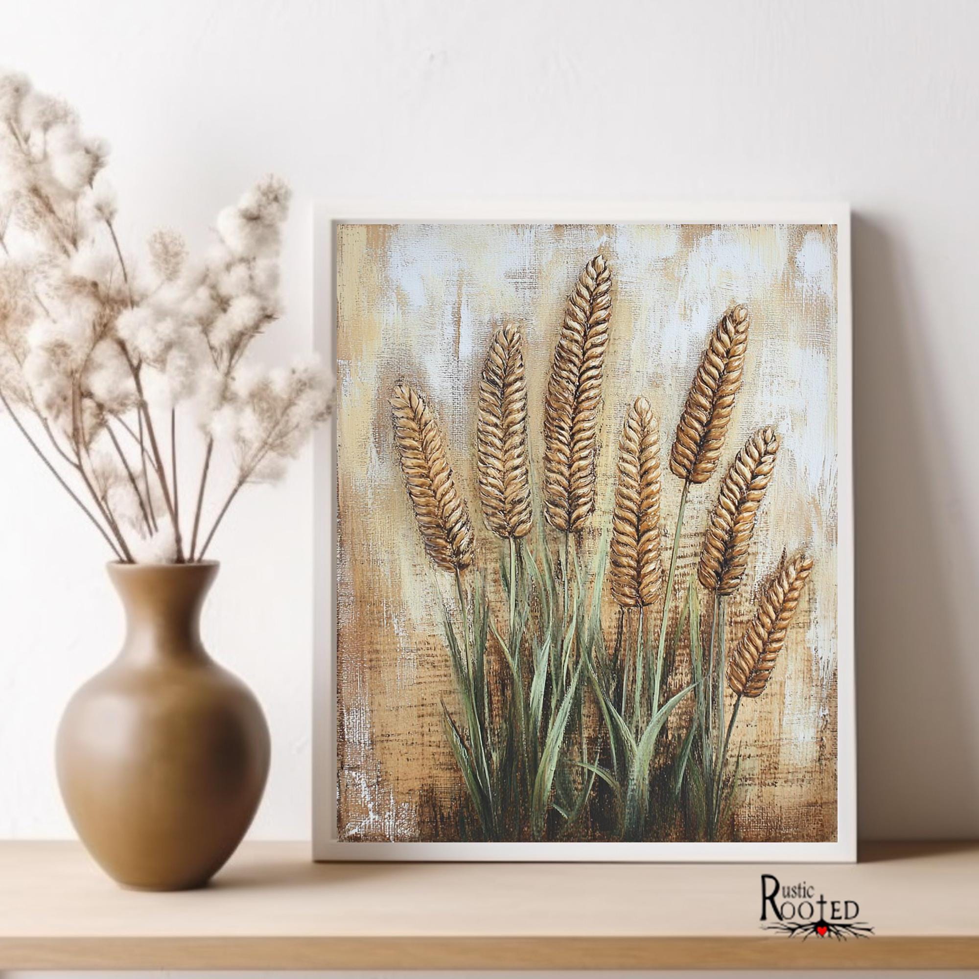Wheat Stalk Painting Burlap Texture Décor Rustic Country Style Art ...