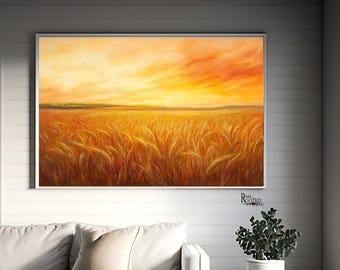 Wheat Field Sunset Landscape Print: Farmhouse Wall Art