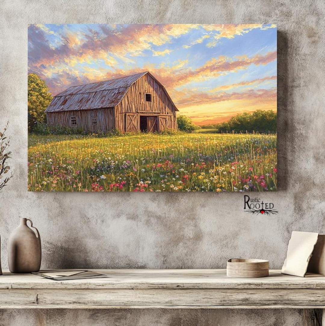 Rustic Barn Wildflower Field Print, Country Landscape Wall Art - Etsy
