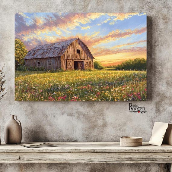 Rustic Barn Wildflower Field Print, Country Landscape Wall Art - Etsy