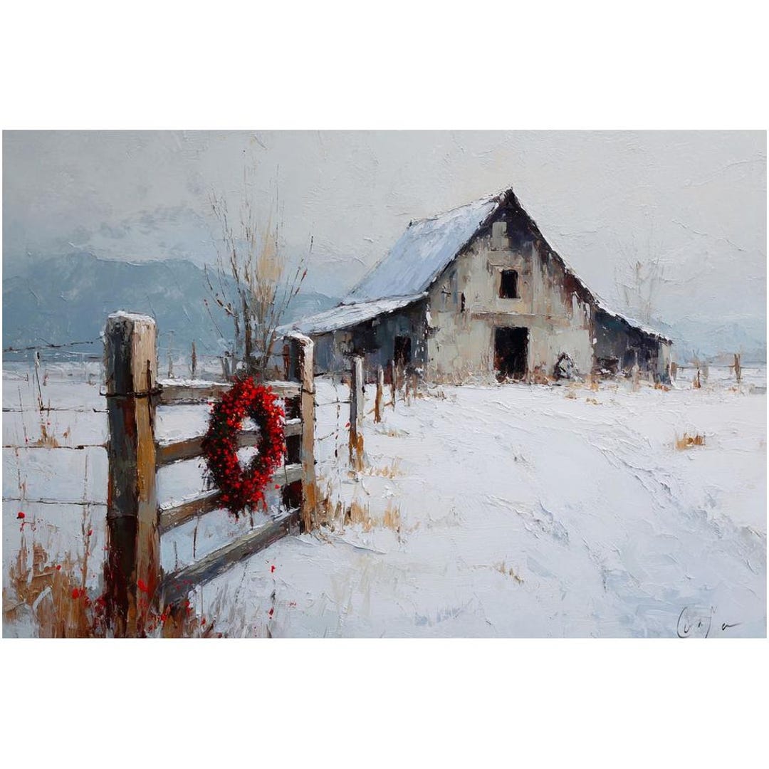 Rustic Barn Christmas Wall Art Print, Snowy Farmhouse Winter Painting ...
