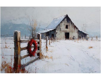 Impresión artística navideña de granero rústico, pintura invernal de granja nevada con corona roja, escena de granja navideña, obra de arte rústica con raíces