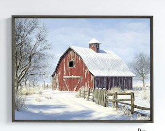 Lienzo de invierno con granero nevado, arte de pared moderno para casa de campo, decoración rústica de temporada para el hogar. Impresión artística.