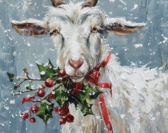 Arte mural de cabra navideña, pintura rústica de animales de granja, cabra de invierno con acebo, decoración navideña campestre, impresión navideña moderna de granja
