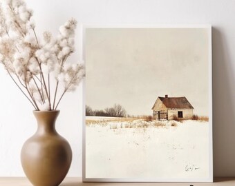 Lienzo minimalista de estilo rústico campestre con escena invernal de nieve, arte de pared con escena de nieve, decoración neutra para el hogar.