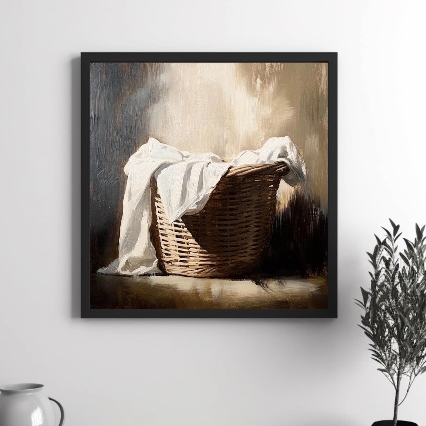 Laundry Room Print: Wicker Basket, Farmhouse Still Life
