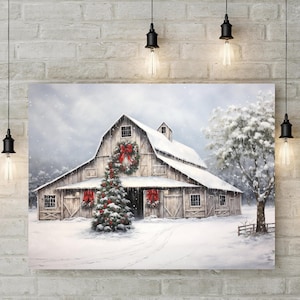 Celeiro envelhecido, tela de Natal, decoração de casa de fazenda moderna, arte de parede de casa de fazenda moderna, arte rural, impressões de casa de fazenda moderna, decoração sazonal