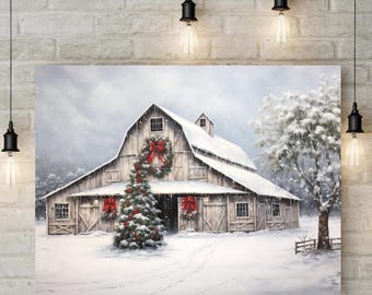 Lienzo navideño con granero envejecido, arte de pared moderno de estilo rústico campestre, decoración de temporada. Impresión artística.