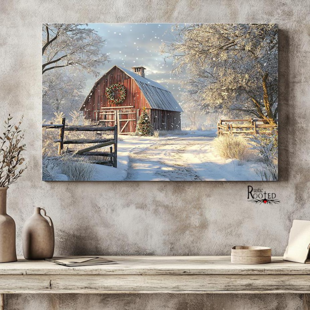 Rustic Red Barn Christmas Canvas Modern Farmhouse Wall Art Seasonal ...