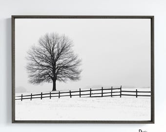 Campo nevado de invierno, arte de pared moderno estilo casa de campo, descarga digital rústica de temporada