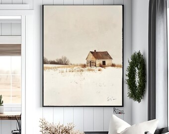 Arte de pared imprimible minimalista de escena invernal rústica campestre con nieve (archivo digital neutro)