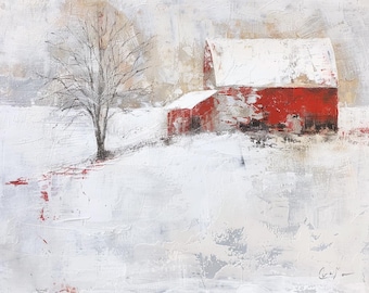 Lienzo abstracto de invierno con granero rojo, arte de pared minimalista de estilo rústico campestre con escena nevada