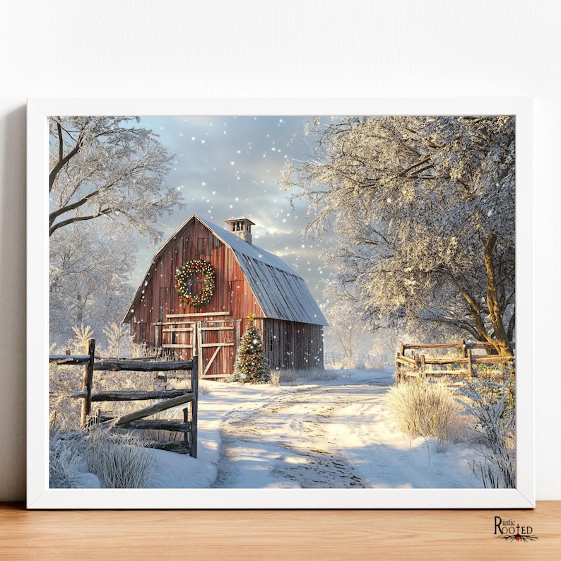 Rustic Red Barn Christmas Canvas Modern Farmhouse Wall Art Seasonal ...