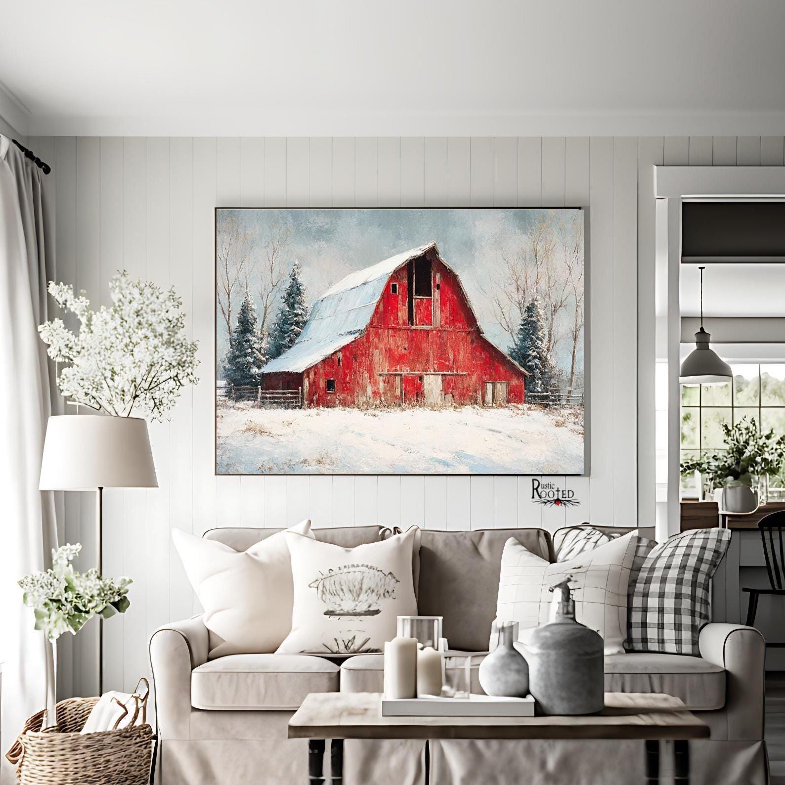 Rustic Red Barn Wall Art Print, Snowy Farmhouse Winter Decor, Country ...