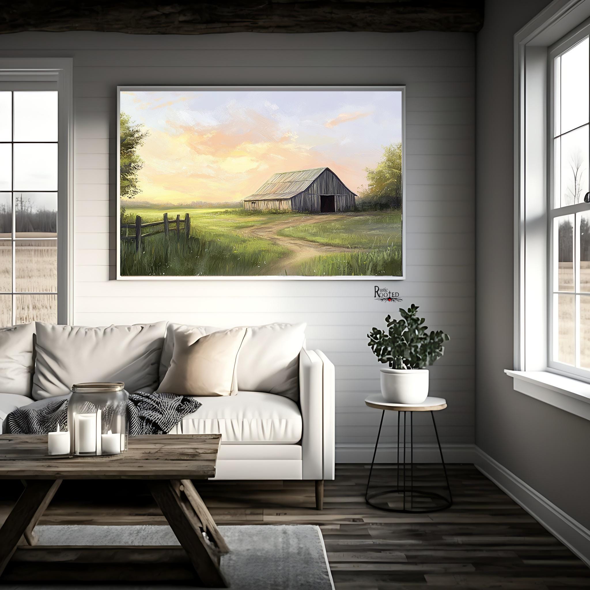 Abstract Painting Old Rustic Barn Farm Landscape Springtime Morning ...